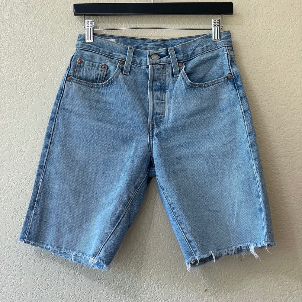 Levi's Premium 501 Denim Jean Shorts Light Blue Raw Hem Button Fly